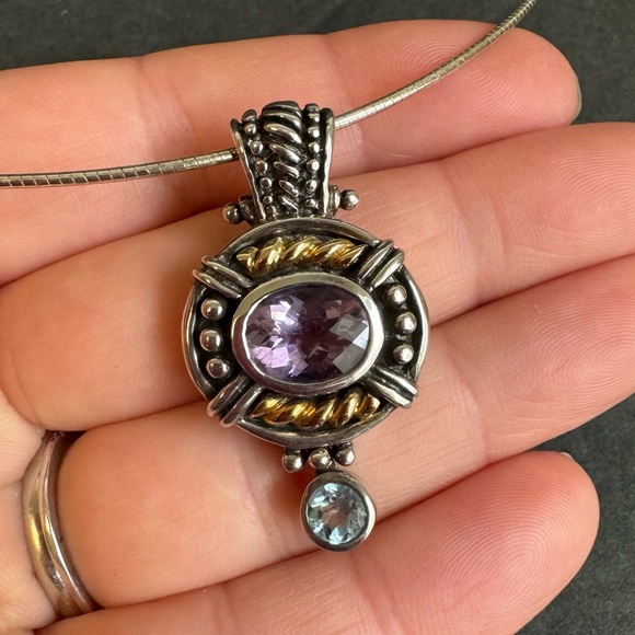Samuel Benham 14K Gold Sterling Silver Amethyst Necklace BJC Blue Topaz Enhancer - Picture 3 of 13